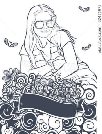 Portrait of  beautiful girl  with Flower doodle 32455972