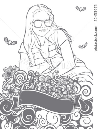 Portrait of beautiful girl with Flower doodle Portrait of beautiful girl with Flower doodle 32455973