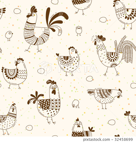 Seamless pattern with chickens, roosters, eggs in Seamless pattern with chickens, roosters, eggs in 32458699