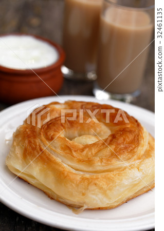 Traditional Bulgarian pastry Banitsa and beverage boza Traditional Bulgarian pastry Banitsa and beverage boza 32461135