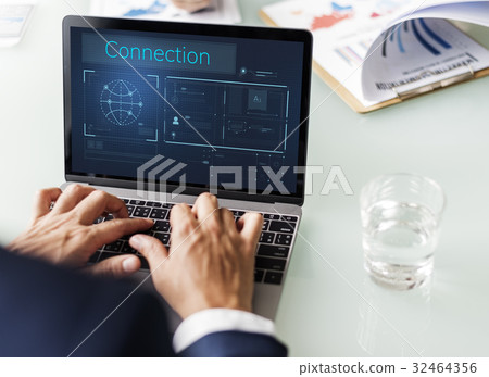 Businessman connected with global communications network 32464356