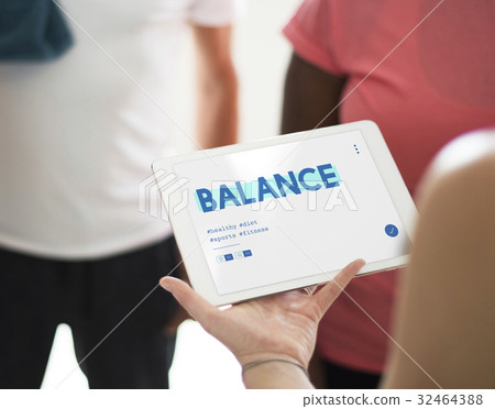 Hands working on digital device network graphic overlay 32464388