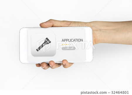 Hand holding digital device network graphic overlay Hand holding digital device network graphic overlay 32464801