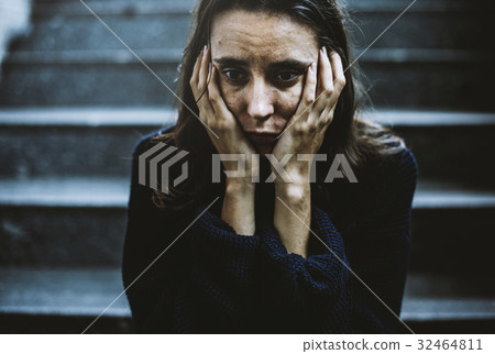 Adult Woman Sitting Look Worried on The Stairway 32464811