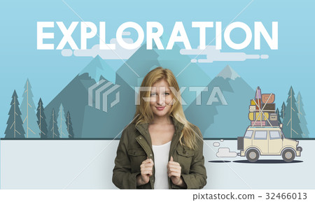 Woman with illustration of discovery journey road trip traveling 32466013