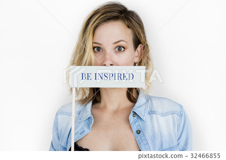 Woman holding banner network graphic overlay 32466855
