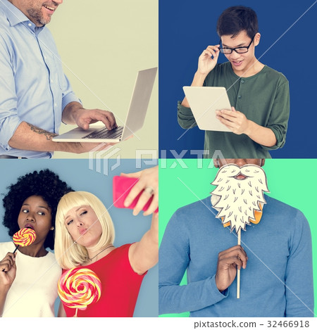 Set of Diverse People with Social Media Technology Studio Collag Set of Diverse People with Social Media Technology Studio Collag 32466918