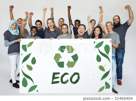 Group of Diverse People Showing Recycle Sign Eco Friendly Save Earth Word Graphic Group of Diverse People Showing Recycle Sign Eco Friendly Save Earth Word Graphic 32468404