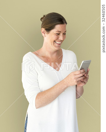 Adult Woman Using Mobile Phone Cheerfully 32468505