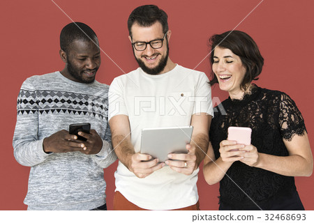 Happiness group of people smiling and conneted by digital devices 32468693