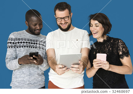 Happiness group of people smiling and conneted by digital devices Happiness group of people smiling and conneted by digital devices 32468697