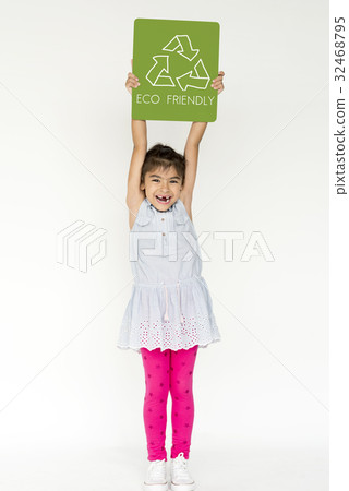 Little Girl with Recycle Sign Eco Friendly Save Earth Word Graphic Little Girl with Recycle Sign Eco Friendly Save Earth Word Graphic 32468795