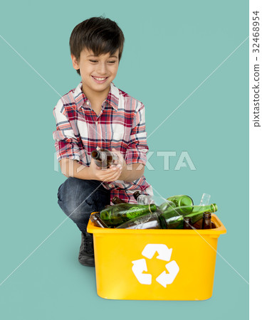 Young Boy Separating Recyclable Glass Bottles 32468954