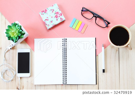 Notebook, accessories on wooden background 32470919