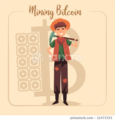 Bitcoin mining concept with young man of gold rush 32473353