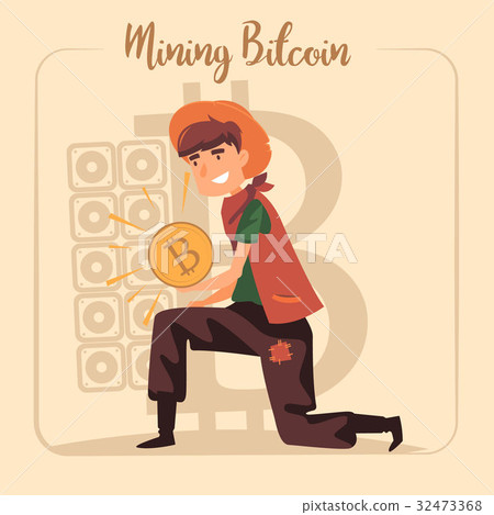 Bitcoin mining concept with young man of gold rush Bitcoin mining concept with young man of gold rush 32473368