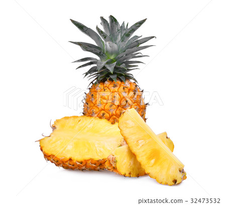 ripe whole and half pineapple with slice isolated  32473532