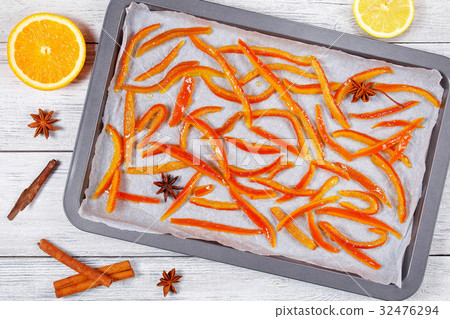 candied citrus peels on baking sheet candied citrus peels on baking sheet 32476294