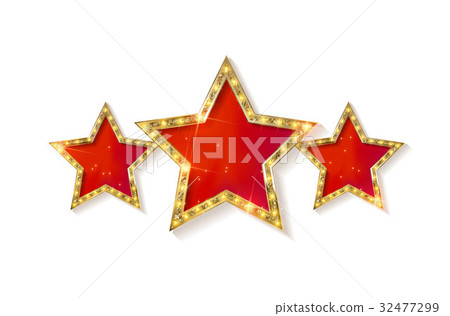 Retro light sign. Three gold red stars. Retro light sign. Three gold red stars. 32477299
