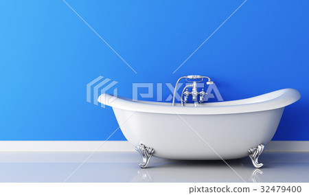 Bathtub and faucet and blue wall Bathtub and faucet and blue wall 32479400