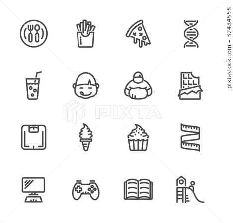 Causes of Childhood Obesity, Vector line icons set Causes of Childhood Obesity, Vector line icons set 32484558