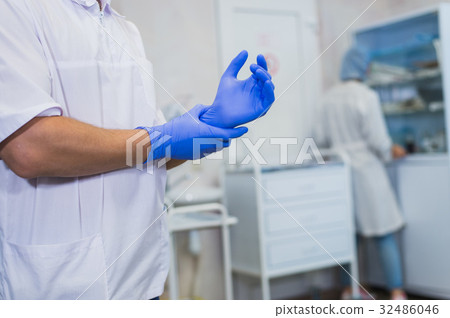 The surgeon wears gloves before surgery. Close-up The surgeon wears gloves before surgery. Close-up 32486046