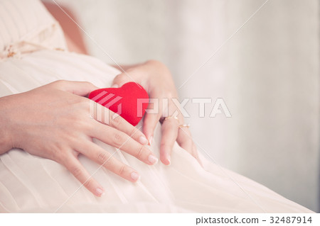 Pregnant woman sitting and making hand heart shape Pregnant woman sitting and making hand heart shape 32487914