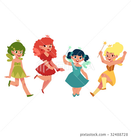 Fairy girls in dresses with wings and wands Fairy girls in dresses with wings and wands 32488728
