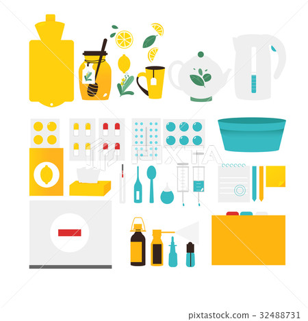 Flu, cold, influenza treatment objects, elements 32488731
