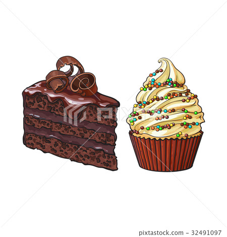 Hand drawn desserts - cupcake and piece of layered Hand drawn desserts - cupcake and piece of layered 32491097