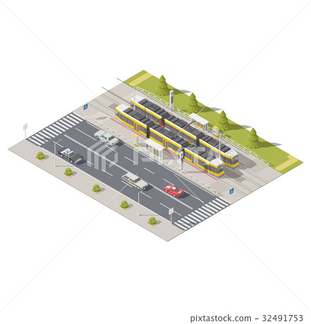 Tram station side of the road isometric icon set Tram station side of the road isometric icon set 32491753