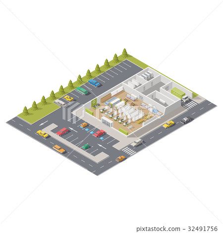 Supermarket in section with parking 32491756