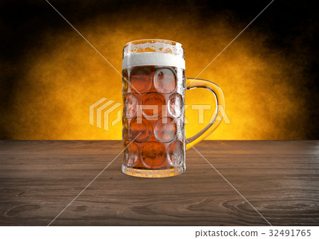 oktoberfest glass of beer on wooden table - 3D 32491765
