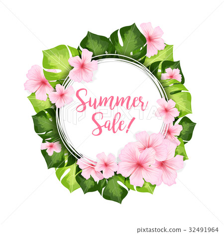 Summer Sale circle banner with green leaves and 32491964