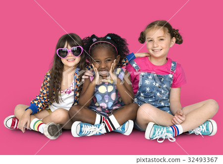 Children Girlfriends Smiling Happiness Friendship Togetherness Studio Portrait 32493367
