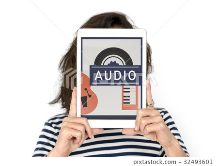 Woman holding digital device covering face network graphic 32493601