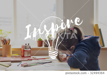 Little Kid with Inspiration Imagination Word Light Bulb Graphic 32494364