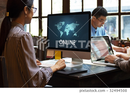 People connected to global communication online community by computer 32494508