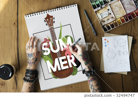 Summer Season Vacation Holiday Guitar Music Word Graphic Summer Season Vacation Holiday Guitar Music Word Graphic 32494747