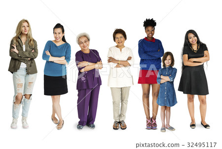 Generations of cheerful ladies standing in a row Generations of cheerful ladies standing in a row 32495117