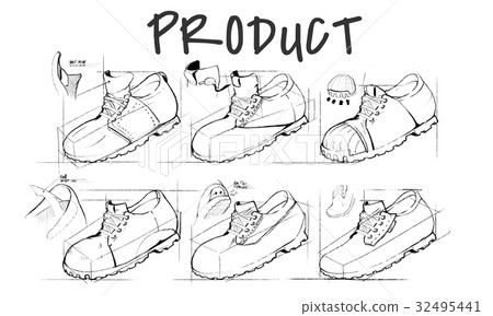 Shoe production procedure sketch drawing Shoe production procedure sketch drawing 32495441