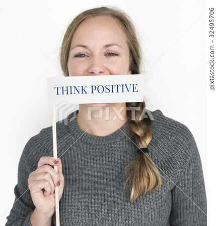 Woman holding banner network graphic overlay 32495706