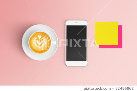 Top view of Cup of coffee with heart pattern in a white cup and smart phone on color background. 32496068