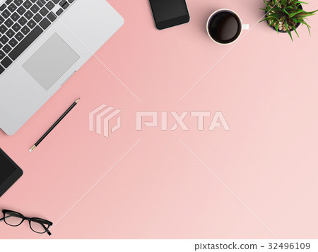 Modern workspace with laptop, coffee cup, tablet and smartphone copy space on color background. Top view. Flat lay style. Modern workspace with laptop, coffee cup, tablet and smartphone copy space on color background. Top view. Flat lay style. 32496109