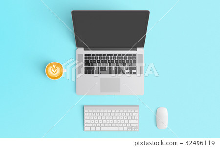 Modern office desk workplace with laptop, coffee cup, keyboard and mouse copy space on color background. Top view. Flat lay style. 32496119