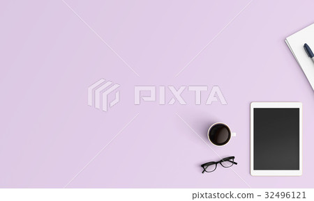 Modern workplace with notebook, pen, eyeglass and coffee cup copy space on color background. Top view. Flat lay style. Modern workplace with notebook, pen, eyeglass and coffee cup copy space on color background. Top view. Flat lay style. 32496121