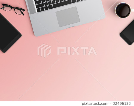 Modern workspace with laptop, coffee cup, tablet and smartphone copy space on color background. Top view. Flat lay style. Modern workspace with laptop, coffee cup, tablet and smartphone copy space on color background. Top view. Flat lay style. 32496123