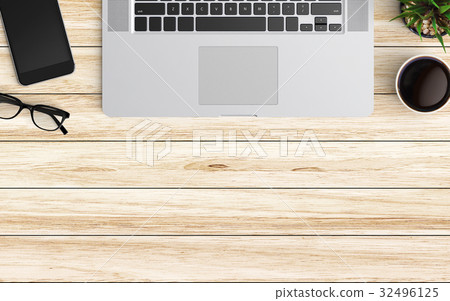 Modern workspace with laptop, coffee cup and smartphone copy space on color background. Top view. Flat lay style. Modern workspace with laptop, coffee cup and smartphone copy space on color background. Top view. Flat lay style. 32496125