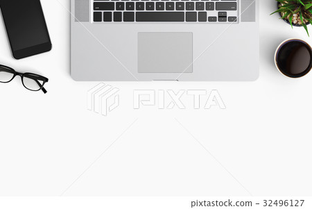 Modern workspace with laptop, coffee cup and smartphone copy space on color background. Top view. Flat lay style. Modern workspace with laptop, coffee cup and smartphone copy space on color background. Top view. Flat lay style. 32496127