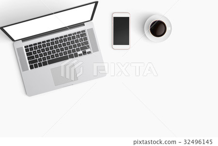 Minimal workspace with laptop, coffee cup and smartphone copy space on color background. Top view. Flat lay style. Minimal workspace with laptop, coffee cup and smartphone copy space on color background. Top view. Flat lay style. 32496145